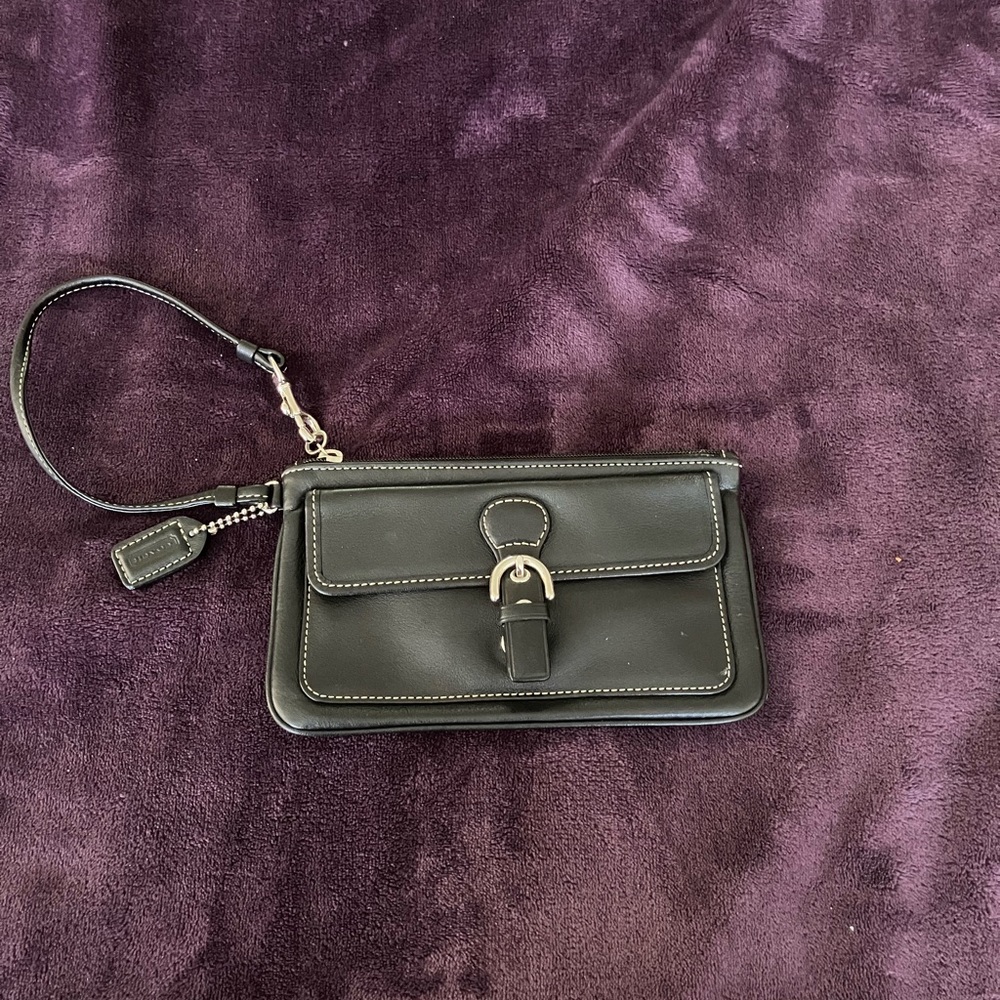 Coach Black Leather Wristlet with Silver Accents